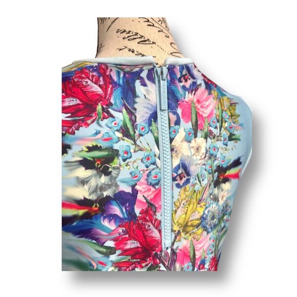 Cynthia Rowley Size Large Blue Floral Scuba Mini Dress Pockets Artsy Boho Resor - Picture 7 of 8